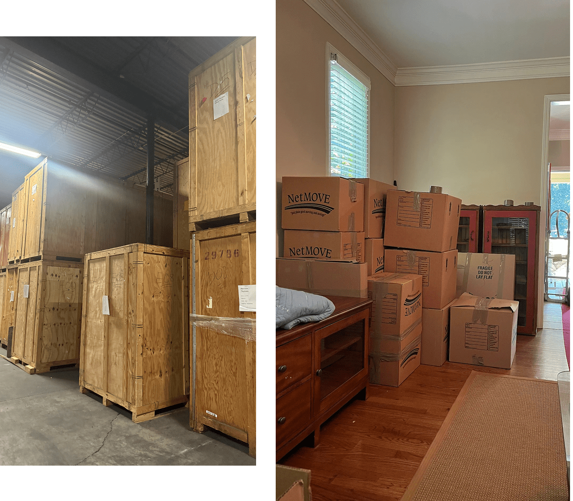 Wooden crates and cardboard boxes in rooms.