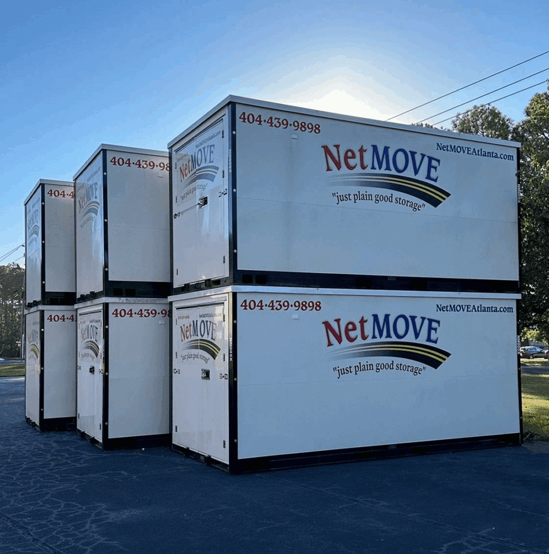 Stacked storage containers with NetMOVE branding.